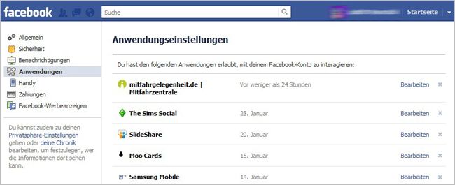 Anwendungseinstellungen auf Facebook
