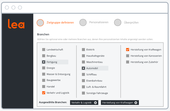 Screenshot aus B2B-Personalisierungssoftware Lea, der die Zielgruppenauswahl zeigt.