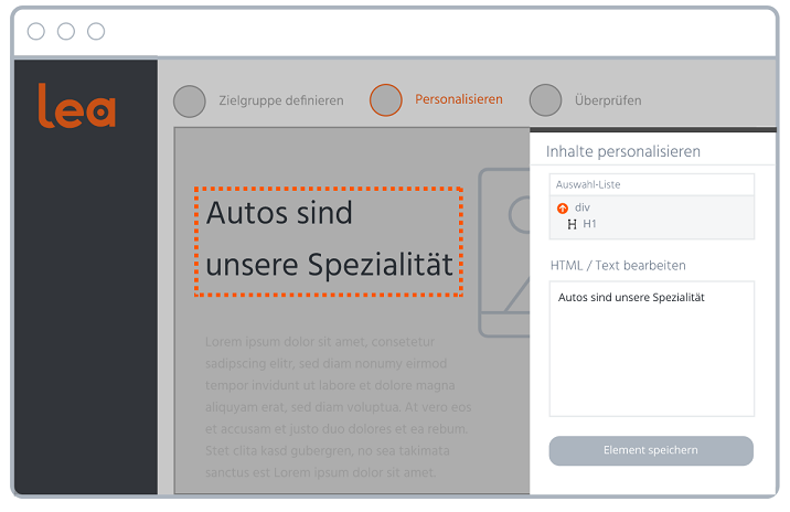 Screenshot aus B2B-Personalisierungssoftware Lea, der den visuellen Editor zeigt.